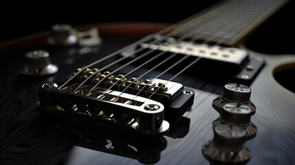 Fototapeta na wymiar Closeup black electric guitar on a dark background. Concept of rock music. Body of elegant electric guitar. 3D realistic illustration. Generative AI
