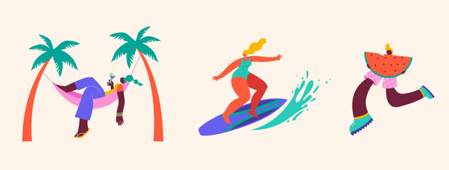 Fototapeta premium Collection of colorful, modern style characters, people at summer. Swimming, traveling, surfing, making fun on beach and pool