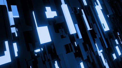 Naklejka premium 3d render. Abstract dark blue background with neon light like cyberpunk night city. Network of different sizes blocks as light bulbs.