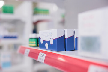 Drugstore with shelves full of rows of pharmaceutical products packages and modern medicine, used by clients to buy healthcare drugs and pharmaceutical products. Pharmacy concept