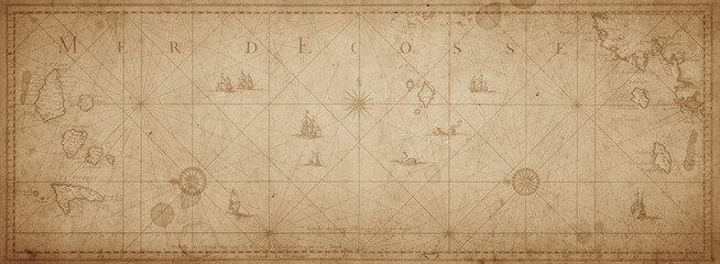 Old map collage background. A concept on the topic of sea voyages, discoveries, pirates, sailors, geography, travel and history.  Pirate, travel and nautical background.