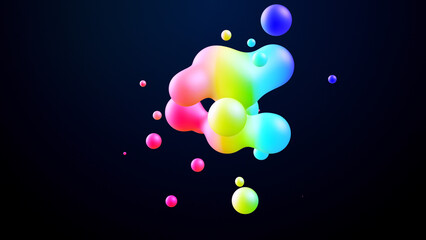 3d render. Spheres or balls merge like liquid wax drops or metaballs in-air. Liquid gradient of rainbow colors on beautiful drops with multi-colored glow, scattering light inside.