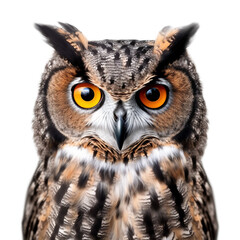 speckled owl face shot, isolated on transparent background cutout