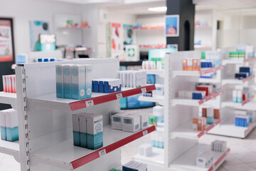Health drugstore shelves filled with pharmaceutical products and supplements to sell prescription medicine or treatment to clients. Empty pharmacy with medication and vitamins, pills bottles.