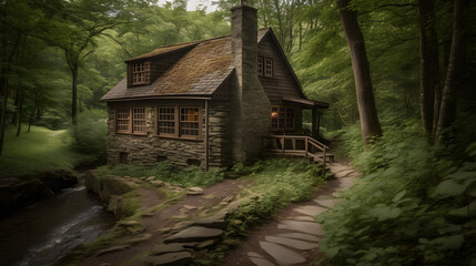 Tranquility in Nature: A Serene Cabin Retreat in the Woods, generative AI