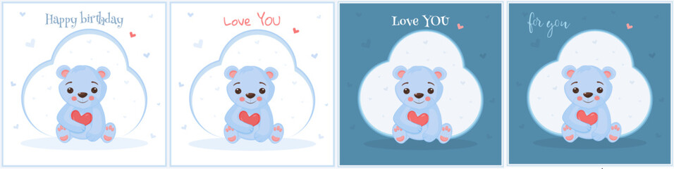 Set of 4 greeting cards with bear and heart on brown background. happy birthday, love you, for you