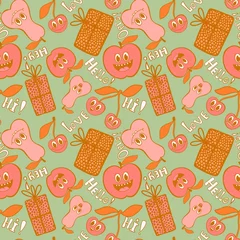 Foto auf Leinwand Retro cartoon fruit seamless apples and cherry and pears and gift box pattern for kids clothes print and wrapping © Tetiana