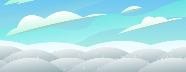 Snowy winter view. Hilly plain with snowdrifts. Landscape white winter. View of nature relief. Cartoon fun style. Flat design. Vector