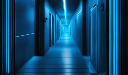 A blue hallway with blue lights was created by the Ai generator.