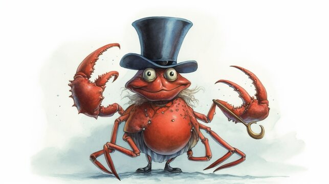 A clever crab with a cane and top hat. AI generated