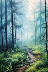 Obraz premium A watercolor painting of a misty forest, tranquil, deep, fairy tale vibe, simple watercolor style with few details, semi abstract. AI generative