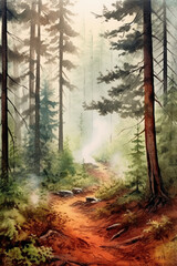 Obraz premium A watercolor painting of a misty forest, tranquil, deep, fairy tale vibe, simple watercolor style with few details, semi abstract. AI generative
