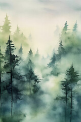 A watercolor painting of a misty forest, tranquil, deep, fairy tale vibe, simple watercolor style with few details, semi abstract. AI generative