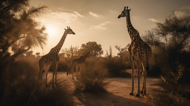 Immerse yourself in the rhythmic symphony of multiple giraffes as they gracefully navigate the vast savannah, their presence a testament to the endurance and resilience of life in the wild.