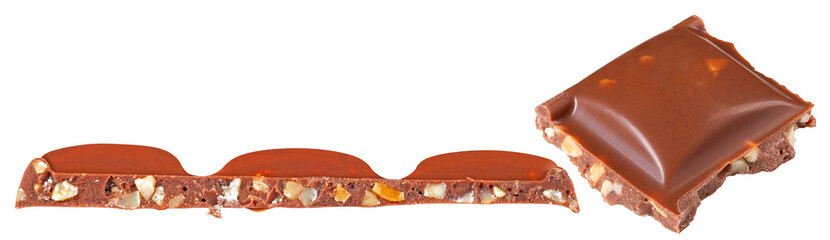 Chocolate with dried fruit and nuts on an isolated background.