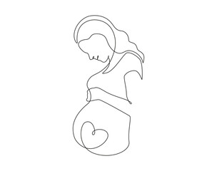 Pregnant Woman in one continuous line drawing. Healthy pregnancy and birth baby symbol in simple linear style. Concept for Happy Mother day. Editable stroke. Doodle outline vector illustration