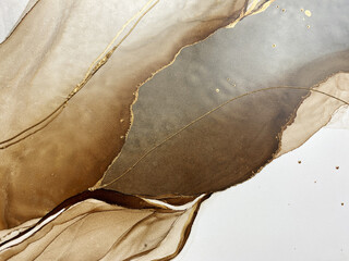 Abstract brown art with gold and gray — beige background with golden paint. Beautiful smudges and...