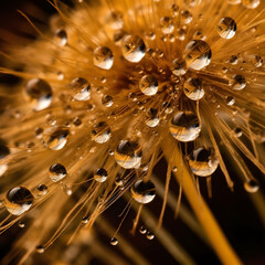 Water drops on dandelion seed macro in nature in yellow