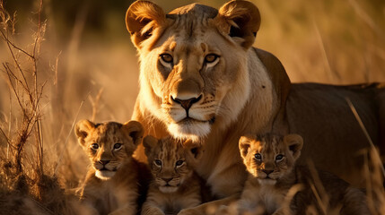 A courageous lioness protecting her cubs. AI generated - obrazy, fototapety, plakaty