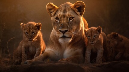 A courageous lioness protecting her cubs. AI generated