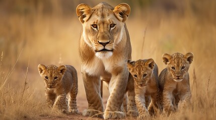 A courageous lioness protecting her cubs. AI generated - obrazy, fototapety, plakaty