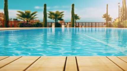 Empty poolside surface with summer travel hotel swimming pool background. AI generative