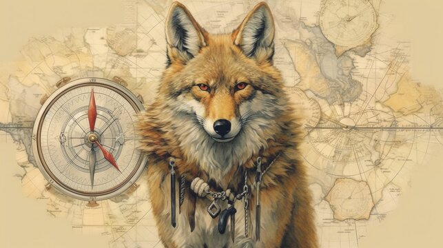 A crafty coyote with a compass. AI generated