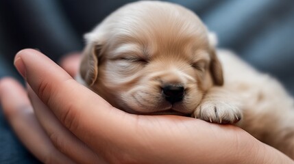 A cuddly puppy nuzzling its owners hand. AI generated - obrazy, fototapety, plakaty