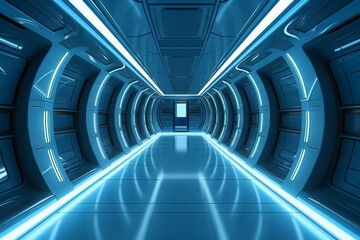 Fototapeta premium Futuristic background science fiction interior and blue light architecture corridor. AI generative