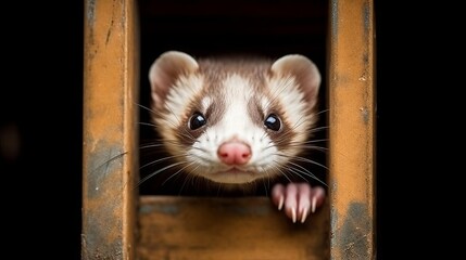 A curious ferret peeking out of its cage. AI generated