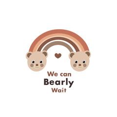 We can bearly wait text with teddy bear and rainbow. Baby shower greeting card design
