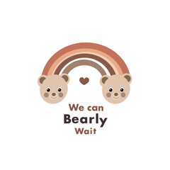 We can bearly wait text with teddy bear and rainbow. Baby shower greeting card design