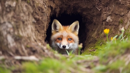 A curious fox peeking out of a den. AI generated