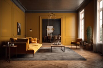 Modern European living room made of natural materials, calm colors, beautiful view from the window, wooden furniture Generative AI