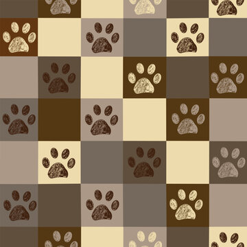 Plaid pattern brown colored paw prints. Seamless fabric design pattern