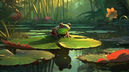 A curious frog perched on a lily pad. AI generated