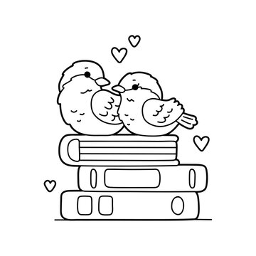 Vector illustration of cute cartoon sparrow birds on book stack coloring page
