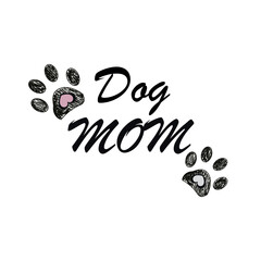 Dog mom text with paw prints and hearts. Happy Mother's day greeting card