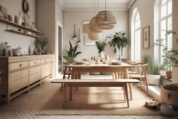 Boho and cozy dining space with family table, rattan chairs, designer pendant lamp, chest of drawers, rug, decorations and personal accessories. Minimalist home decor. Sample. Generative AI - obrazy, fototapety, plakaty