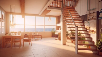 Bright living room of a house by the sea with a staircase to the second floor and a view of the first line of the beach with waves Generative AI