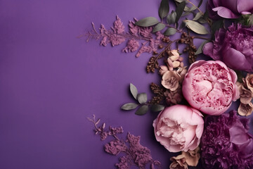 Peonies, roses on purple background with copy space. Abstract natural floral frame layout with text space. Romantic feminine composition. Wedding invitation. AI generative