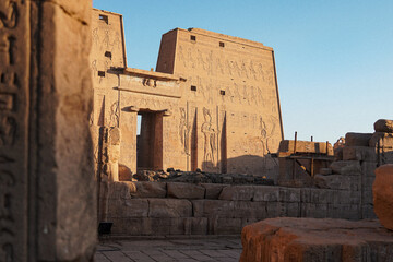 Temple of Horus Edfu front view of the main entrance.