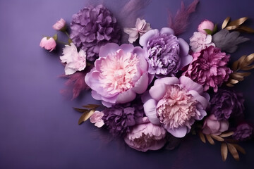 Fototapeta premium Peonies, roses on purple background with copy space. Abstract natural floral frame layout with text space. Romantic feminine composition. Wedding invitation. AI generative
