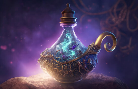 Magical flask with elixir potion of immortality in the shape of the magic lamp