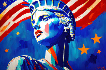 Portrait of lady liberty on Patriotic USA American Flag of Stars And Stripes July Fourth Background Painting Style Generated Ai