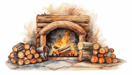 Watercolour illustration of a vintage, medieval stone fireplace in a rustic cottage home. Project for postcards and envelopes. No 1.
