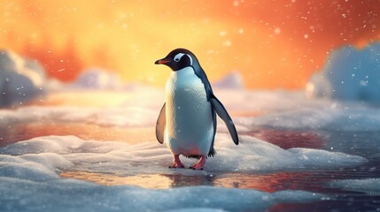 Fototapeta premium A curious penguin waddling on ice. AI generated