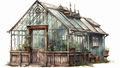 Fototapeta na wymiar Beautiful watercolour illustration of a vintage, rustic wooden and glass greenhouse. Project for postcards and envelopes. No 2.