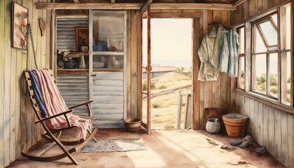 Fototapeta na wymiar Watercolour vintage illustrations of a tiny rustic house interior. Shepherds hut. Greeting cards and envelopes project.