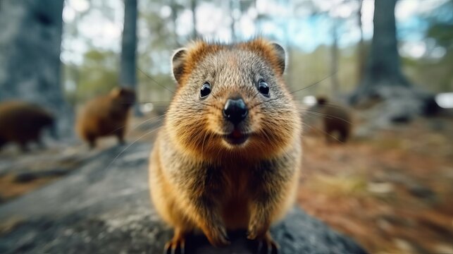 A curious quokka approaching humans. AI generated